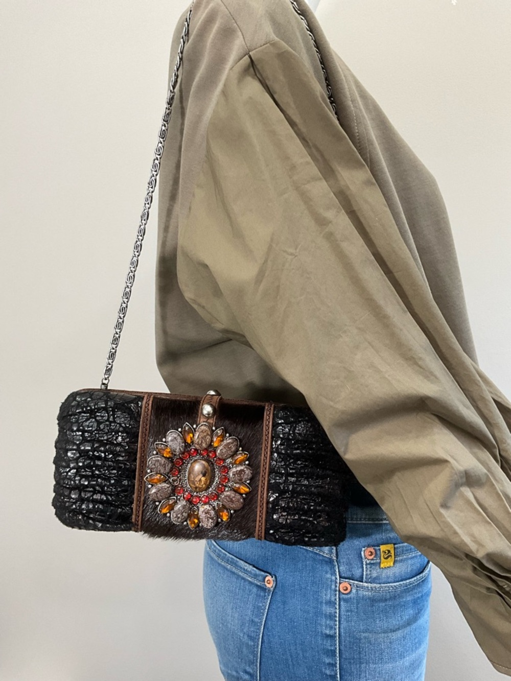 Mary Frances Embellished Black Shoulder Bag Beaded Leather Calf Hair Purse Boho